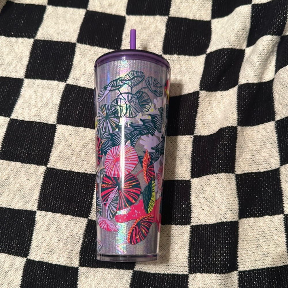 Starbucks tumbler: Purple iridescent with colorful flowers